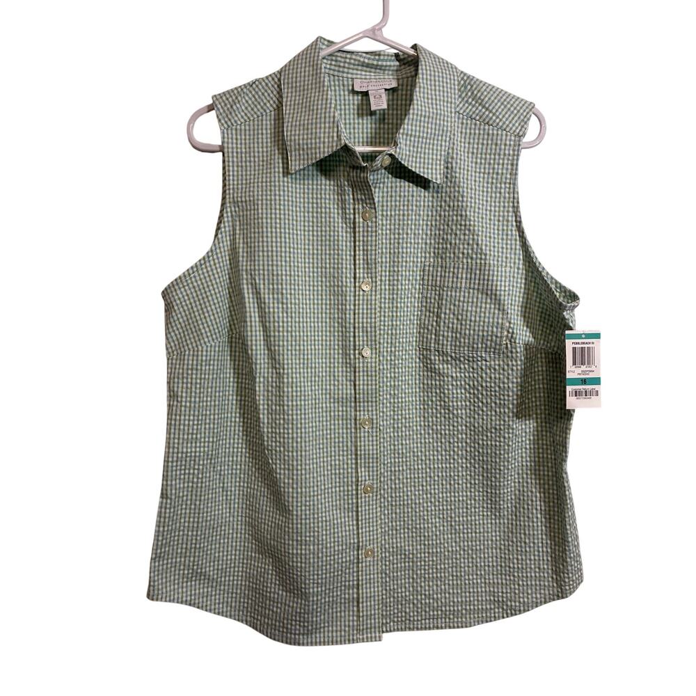 Charter Club Golf Womens 16 Sleeveless Gingham Shirt Green Blue Cotton Stretch